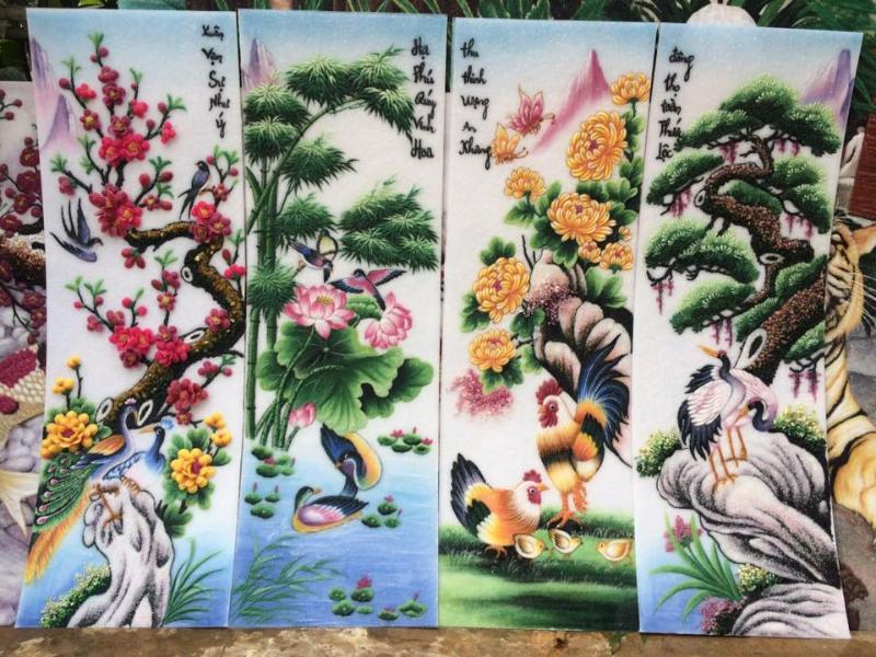 Tranh Tứ Quý Đá Quý/Phù Điêu Mai - Sen - Cúc - Tùng kết hợp nhiều yếu tố phong thủy như gà, vịt, hạc, chim công