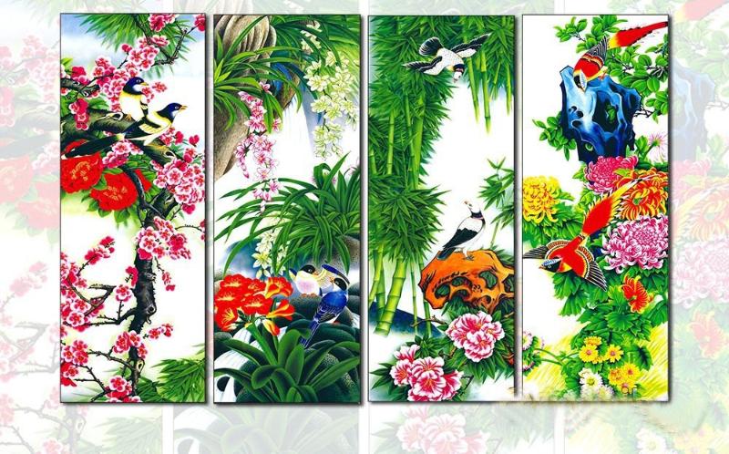 Tranh Tứ Quý Hiện Đại Đa Dạng Hoa Lá, màu sắc tươi mới phù hợp với không gian trẻ trung