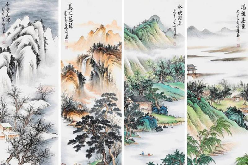 Tranh Xuân Hạ Thu Đông thủy mặc tả cảnh núi non hùng vĩ