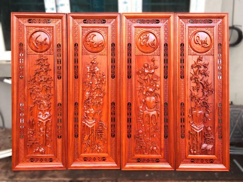 Tranh Xuân Hạ Thu Đông bằng gỗ chạm khắc tỉ mỉ, mô phỏng sinh động thiên nhiên trong bốn mùa