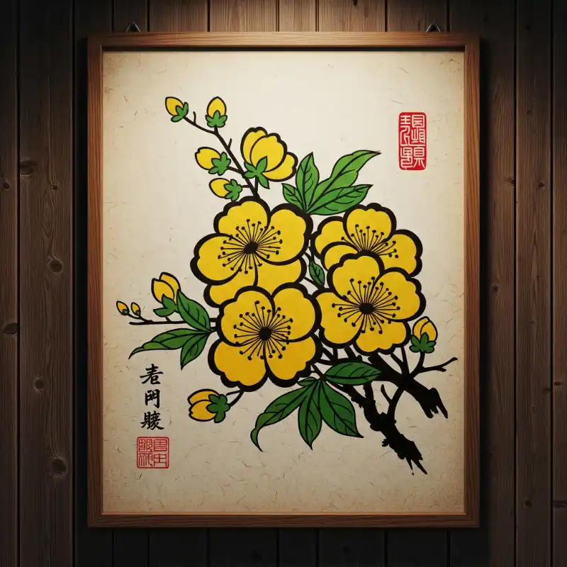 19. Tranh hoa mai vàng phong cách khắc gỗ Nhật Bản Ukiyo-e