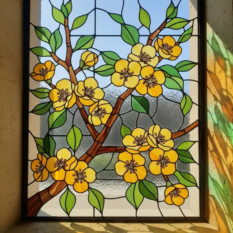 20. Tranh hoa mai kính màu stained glass hiệu ứng ánh sáng