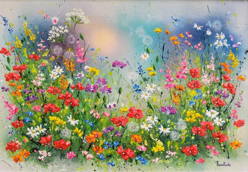 Tranh cánh đồng hoa dại đầy màu sắc, tạo một tổng thể hài hòa và sống động
