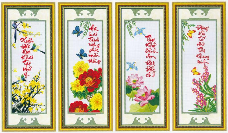 Tranh Tứ Quý Thêu Thư Pháp, kết hợp hoa lá và chữ thư pháp chúc phúc