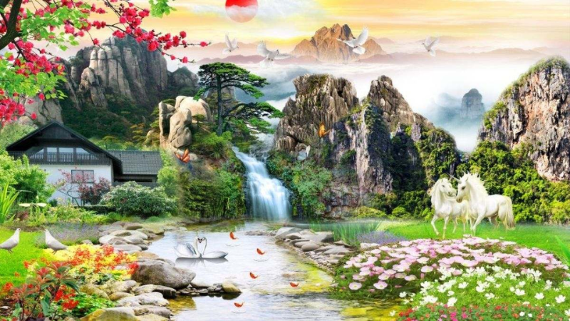 Tranh phong cảnh thiên nhiên huyền ảo với núi đá, thác nước, hoa anh đào và đôi ngựa trắng. Sự kết hợp giữa ánh bình minh và mây trời tạo nên khung cảnh thơ mộng, tượng trưng cho sức sống và khởi đầu mới.