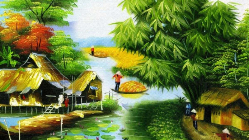 Tranh phong cảnh thiên nhiên miền Tây sông nước Việt Nam, khắc họa cảnh người dân chèo ghe chở lúa, mái nhà tranh, hàng tre và ao sen. Bức tranh đậm chất dân dã, thể hiện nét đặc trưng văn hóa sông nước Nam Bộ.