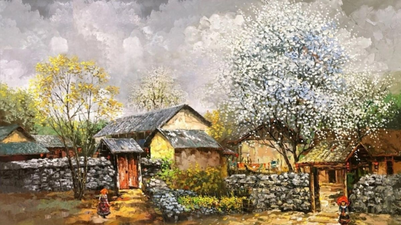Tranh phong cảnh thiên nhiên vùng cao Tây Bắc, miêu tả khung cảnh mùa xuân với hoa mận, hoa lê nở trắng, những mái nhà trình tường cổ kính và trẻ em vùng cao vui đùa. Bức tranh mang nét đẹp mộc mạc và thanh khiết.