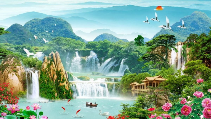 Tranh phong cảnh thiên nhiên sơn thủy hữu tình với núi non trùng điệp, thác nước đổ trắng xóa, chim hạc bay lượn và hoa lá rực rỡ. Đây là dòng tranh phong thủy tượng trưng cho tài lộc và bình an.