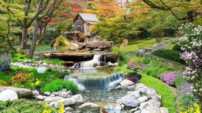 Tranh phong cảnh thiên nhiên vườn hoa và thác nước châu Âu, thể hiện sự hòa quyện giữa cỏ cây, suối trong và những chú nai đang gặm cỏ. Bức tranh mang đến cảm giác thư thái, tươi mới và sang trọng.