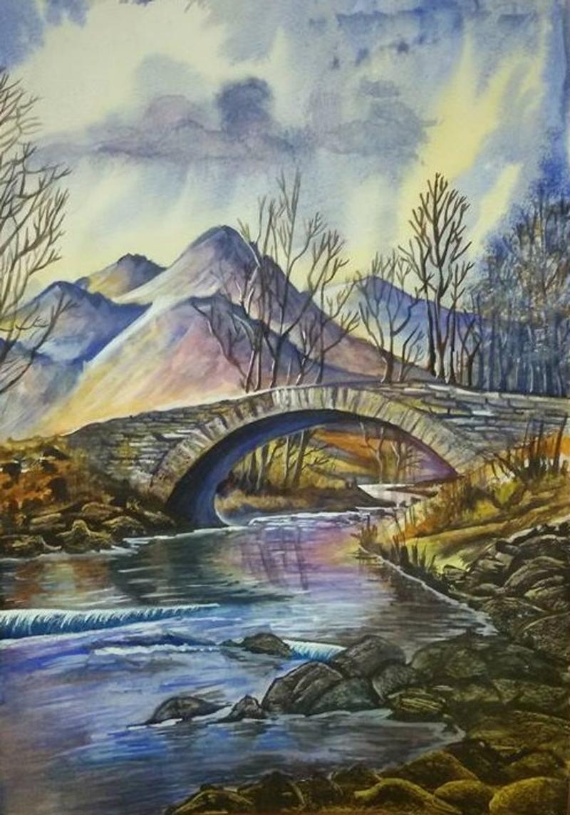 Tranh Cây Cầu cảnh núi cao sông suối phản chiếu chiếc cầu đá mềm mại