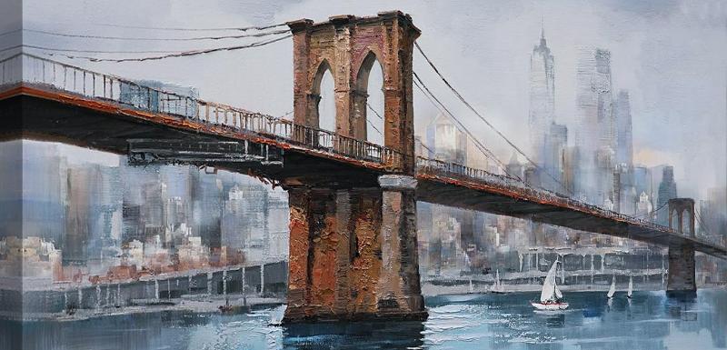 Tranh Cây Cầu cầu Brooklyn ven sông phối màu xanh xám hiện đại