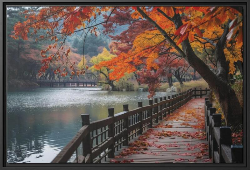 Tranh Cây Cầu cầu dài bên mặt nước mùa thu lá đỏ đẹp lãng mạn cổ điển