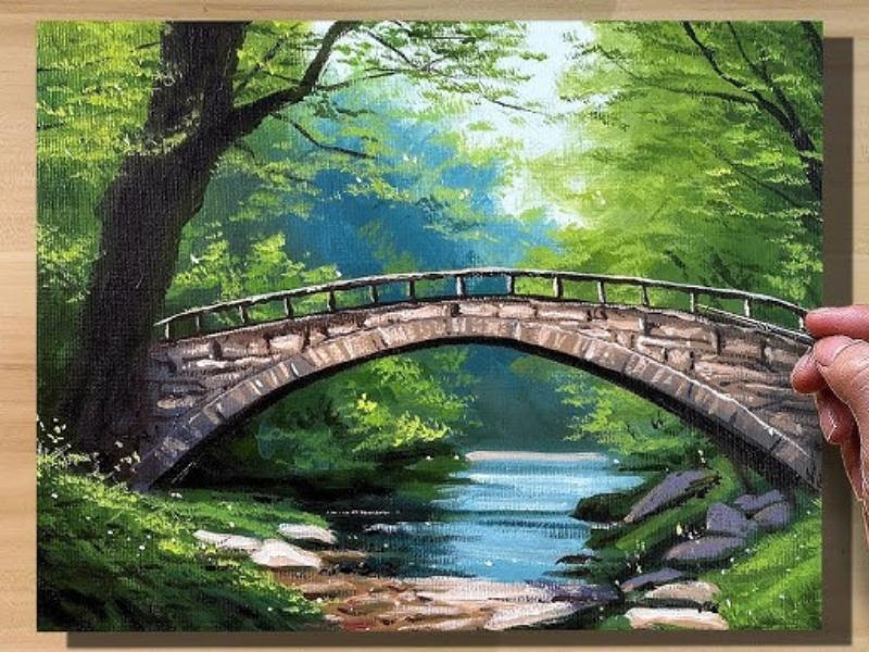 Tranh Cây Cầu cầu gỗ cong giữa rừng xanh nước trong mát ánh sáng thiên nhiên