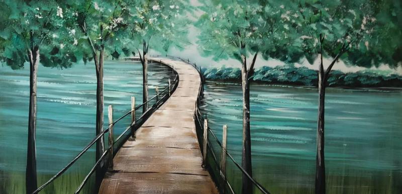 Tranh Cây Cầu con đường cầu gỗ uốn cong giữa rừng xanh thiên nhiên tươi mát