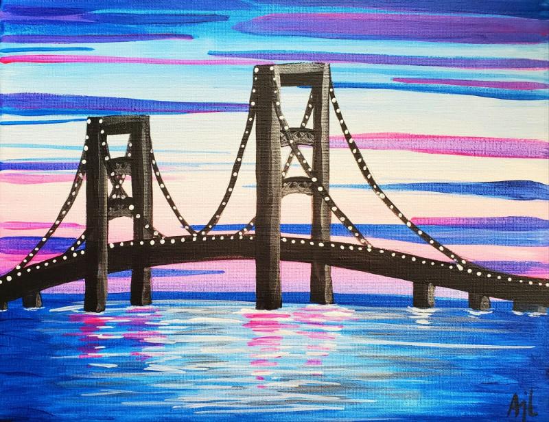 Tranh Cây Cầu gam màu hồng tím tạo hình cầu treo mang nét trừu tượng