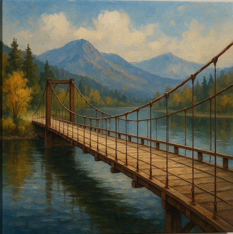 Tranh Cây Cầu phong cảnh núi rừng xanh thẳm và cầu treo bằng gỗ