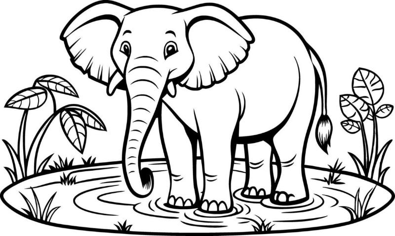 Tranh tô màu con voi đẹp dễ thương cho bé sáng tạo mỗi ngày 18 Tranh tô màu con voi đang đi dạo bên hồ nước cạnh hoa lá sinh động