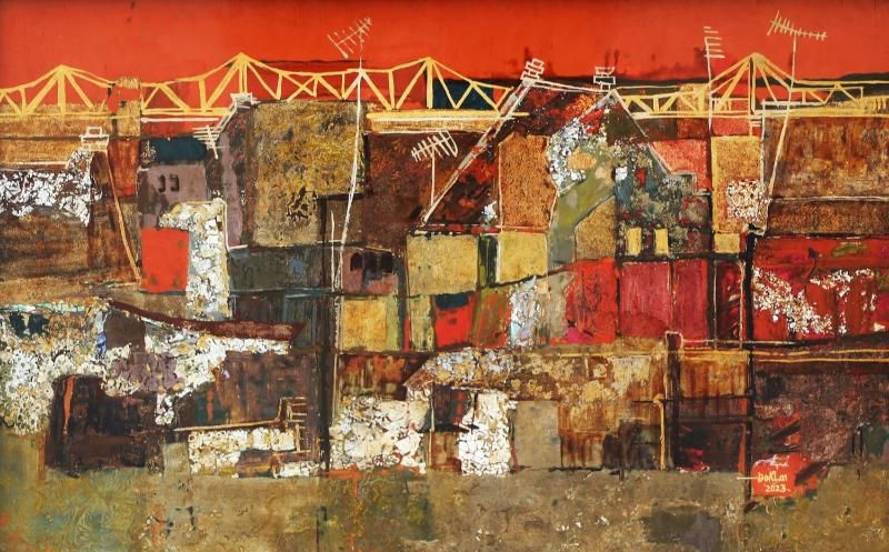 Tranh sơn mài Cầu Long Biên của họa sĩ Đỗ Khải