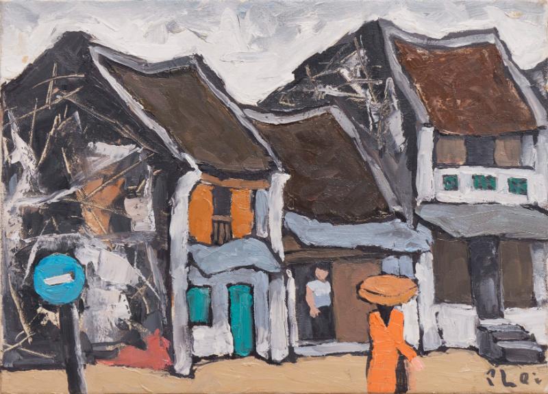 Một tác phẩm "Phố Phái" kinh điển với những mái ngói thâm nâu, tường rêu phong và bố cục xô lệch đầy cảm xúc, gợi nhớ về ký ức Hà Nội xưa.