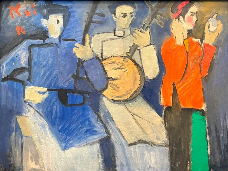 Bức tranh vẽ các nghệ sĩ Chèo với gam màu xanh lam chủ đạo, thể hiện tình yêu sâu sắc của ông đối với nghệ thuật sân khấu truyền thống.