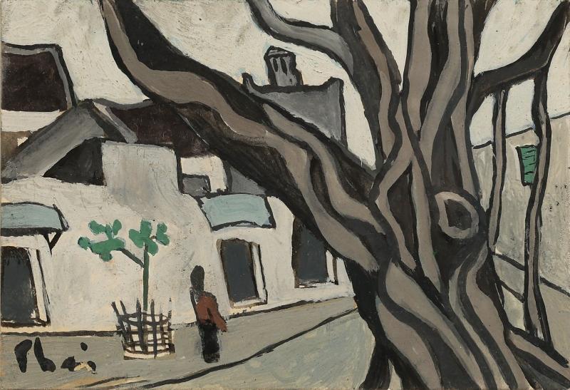 Hình ảnh cây cổ thụ khẳng khiu bên góc phố vắng lặng là nét chấm phá đặc trưng, gợi lên sự cô đơn nhưng đầy chất thơ trong tranh Bùi Xuân Phái.