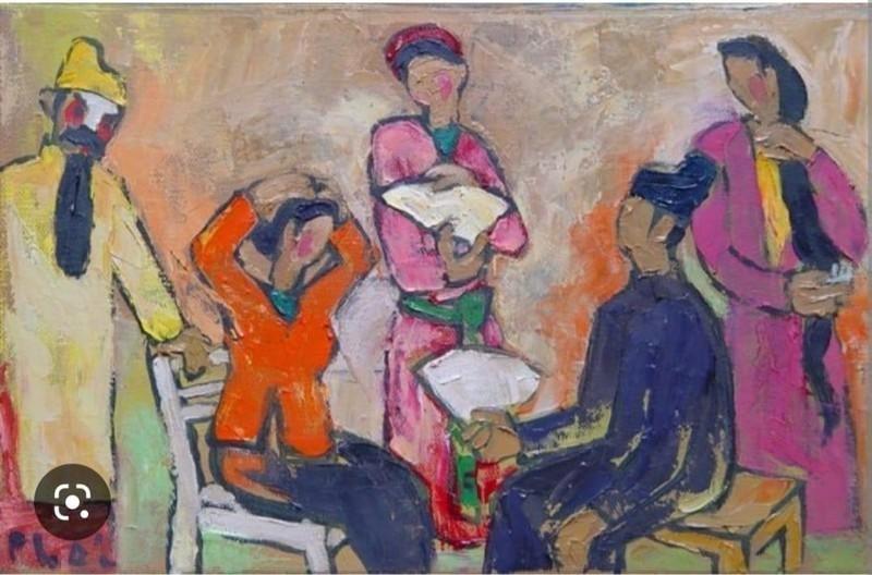 Khoảnh khắc hậu trường của các nghệ sĩ Chèo được ông ghi lại bằng những gam màu nóng, tươi vui, đậm đà bản sắc dân tộc.