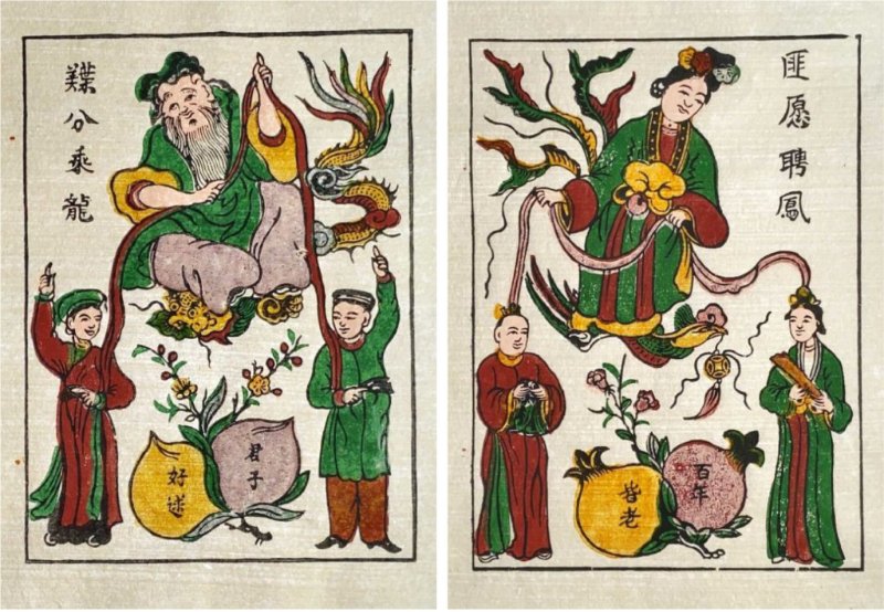 Cặp tranh Ông Tơ - Bà Nguyệt với 2 cặp đối tương xứng bên trái là "Phỉ nguyên sánh phượng" và "Bách niên giai lão" với bên phải là “Đẹp phận thừa long” và “Quân tử hảo cầu”