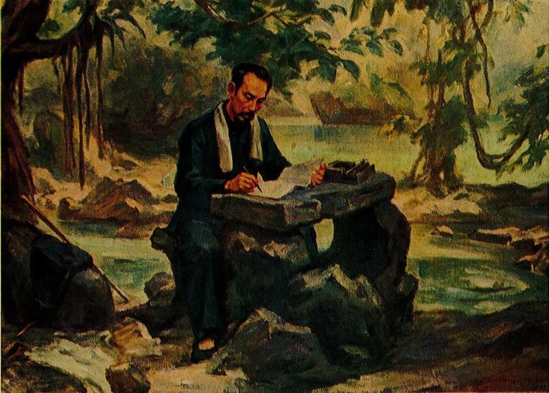 Tranh Bác Hồ làm việc ở hang Pác Pó