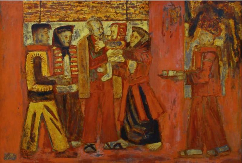 Tác phẩm "Bác Hồ với nông dân", tranh sơn mài của họa sĩ Vũ Văn Thơ, sáng tác năm 1985.