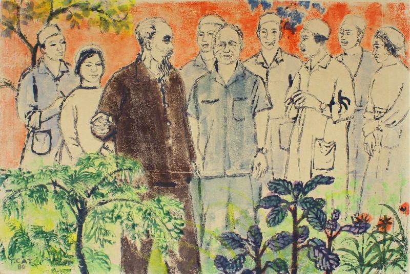 Tác phẩm "Bác Hồ với thầy thuốc", tranh khắc gỗ của nghệ sĩ Nguyễn Trọng Cát, sáng tác năm 1980.