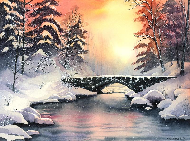 Cây cầu đá nhỏ bắc qua dòng suối, tĩnh lặng dưới ánh hoàng hôn mùa đông ấm áp và tuyết trắng