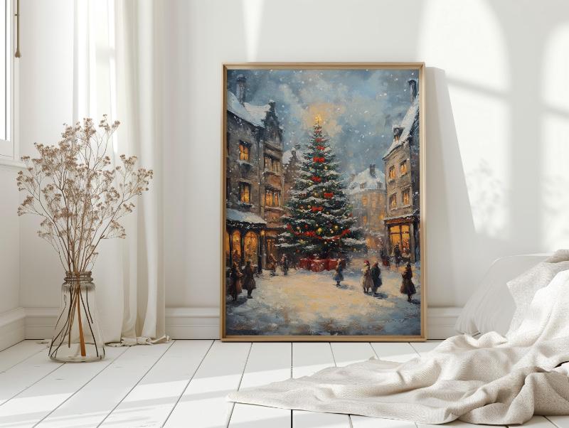 Phố xá mùa đông Châu Âu với ánh đèn đêm lung linh, gợi không khí lễ hội cuối năm ấm áp