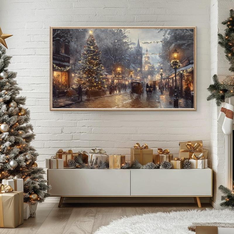 Cây thông Noel rực rỡ và ánh sáng vàng dịu trong đêm tuyết, mang lại cảm giác ấm cúng và hy vọng cho một khởi đầu mới