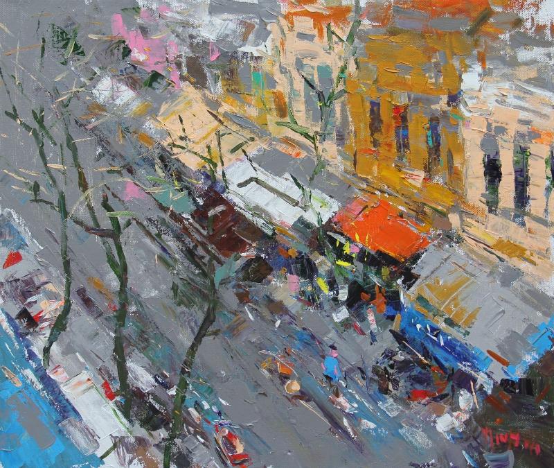 Bức tranh phố đông trừu tượng với gam màu vàng cam, xám và xanh, mang lại sự trẻ trung và độc đáo cho không gian hiện đại