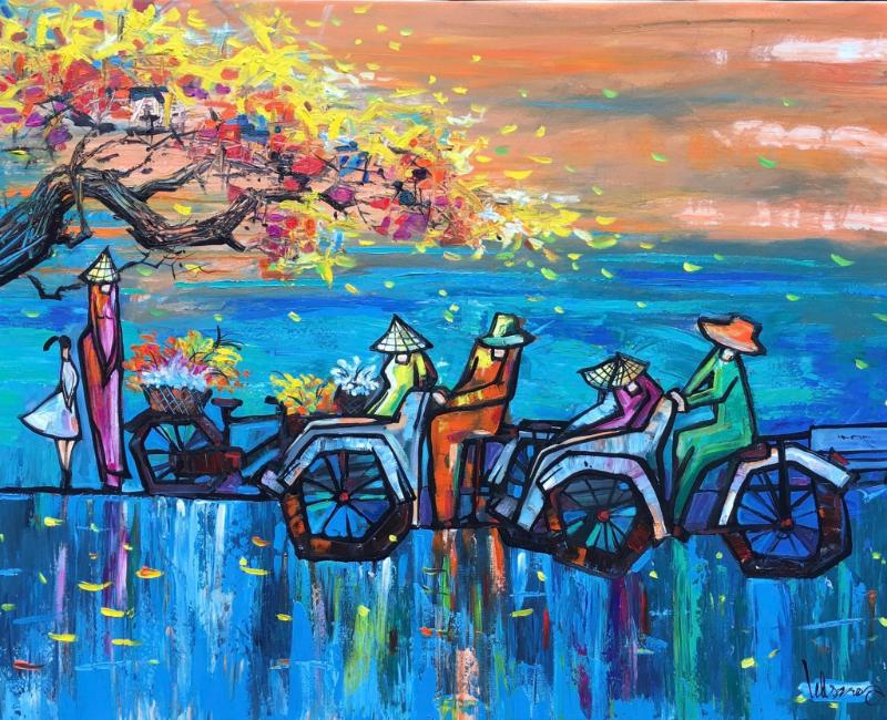 Tranh mùa đông Việt Nam với hình ảnh người đi xe đạp thong dong, mộc mạc và chứa đựng nét văn hóa truyền thống.