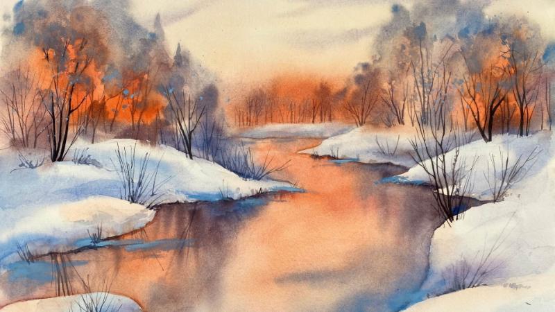 Sắc cam rực rỡ của bình minh trên dòng sông băng, hòa cùng gam màu lạnh của tuyết, tạo cảm giác thư thái và hy vọng