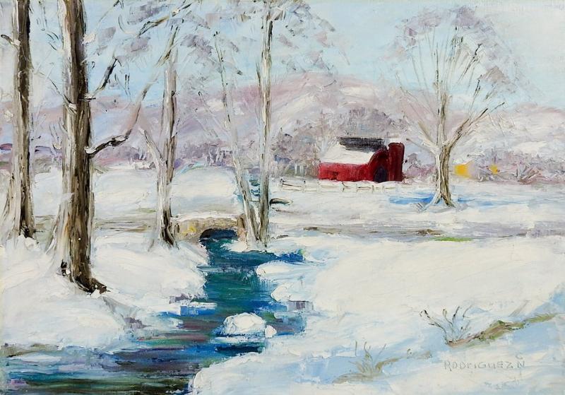 Ngôi nhà nhỏ màu đỏ ấm áp nép mình giữa khung cảnh làng quê ngập tuyết trắng, tượng trưng cho sự bình yên giữa giá lạnh