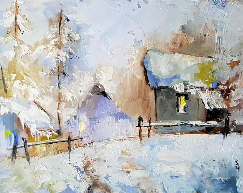 Tranh phong cảnh mùa đông Châu Âu với ngôi nhà mộc mạc và ánh đèn vàng ấm áp, gợi vẻ lãng mạn, cổ điển