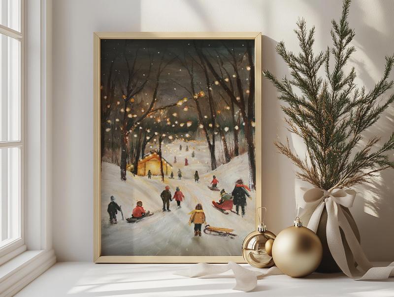 Tranh sơn dầu tối màu với ánh đèn vàng ấm, tạo cảm giác ấm cúng, phù hợp cho phòng khách hoặc quán café phong cách Vintage