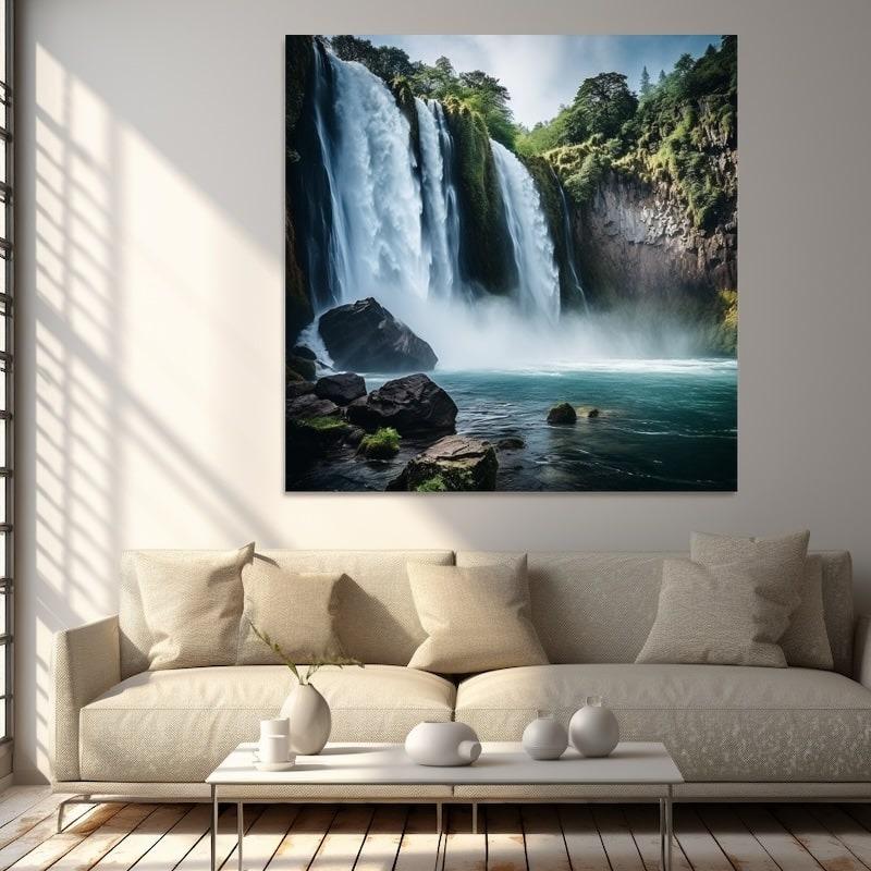 Bức tranh thác nước tươi sáng, mang lại cảm giác sống động và tràn đầy sinh khí.