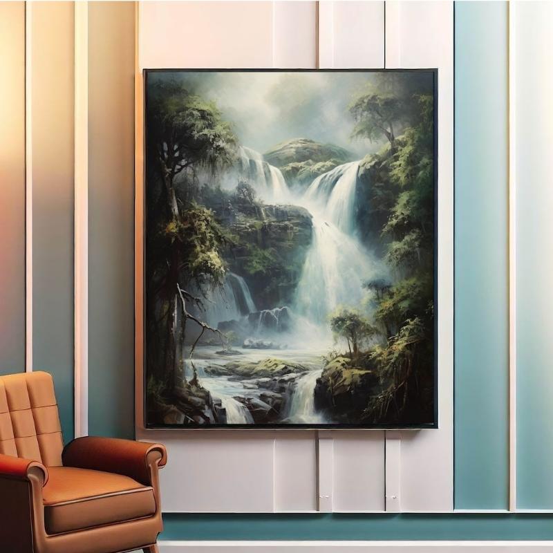 Tranh thác nước khổ lớn tạo điểm nhấn sang trọng, giúp mở rộng không gian phòng khách.