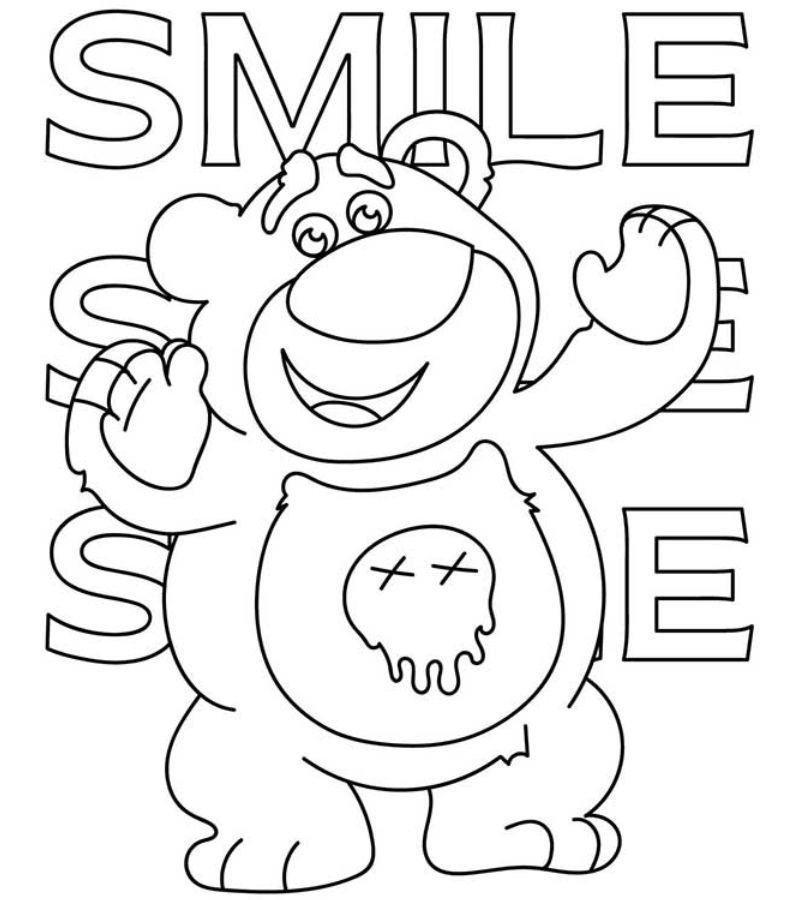 Tranh tô màu con gấu dễ thương giúp bé phát triển sáng tạo 11 Gấu Dâu Lotso cùng thông điệp "SMILE" tràn đầy năng lượng tích cực.