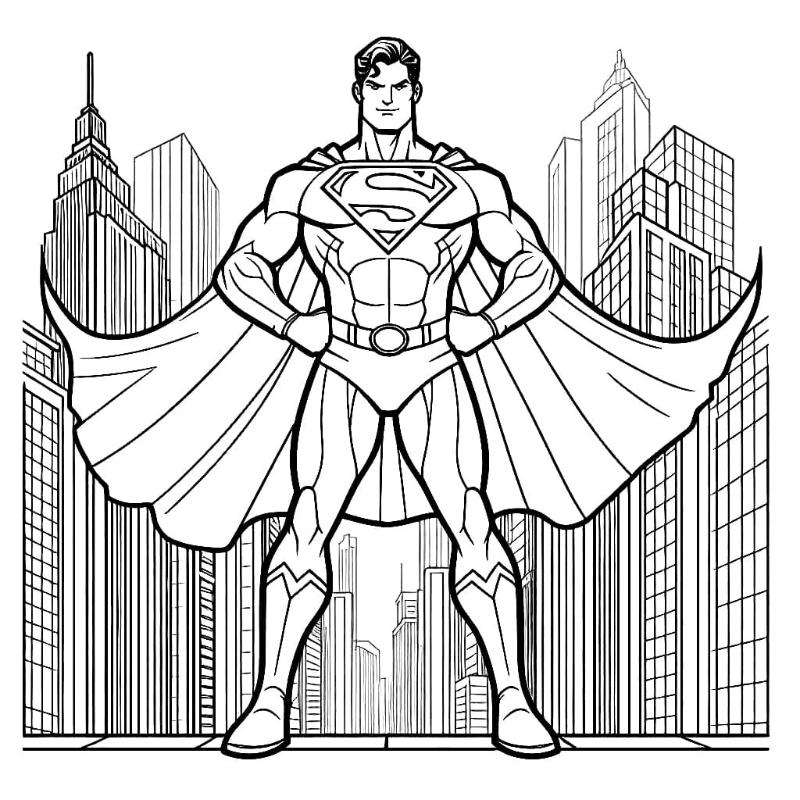 Siêu Nhân (Superman) đứng vững giữa thành phố, biểu tượng của hy vọng và sức mạnh tối thượng.