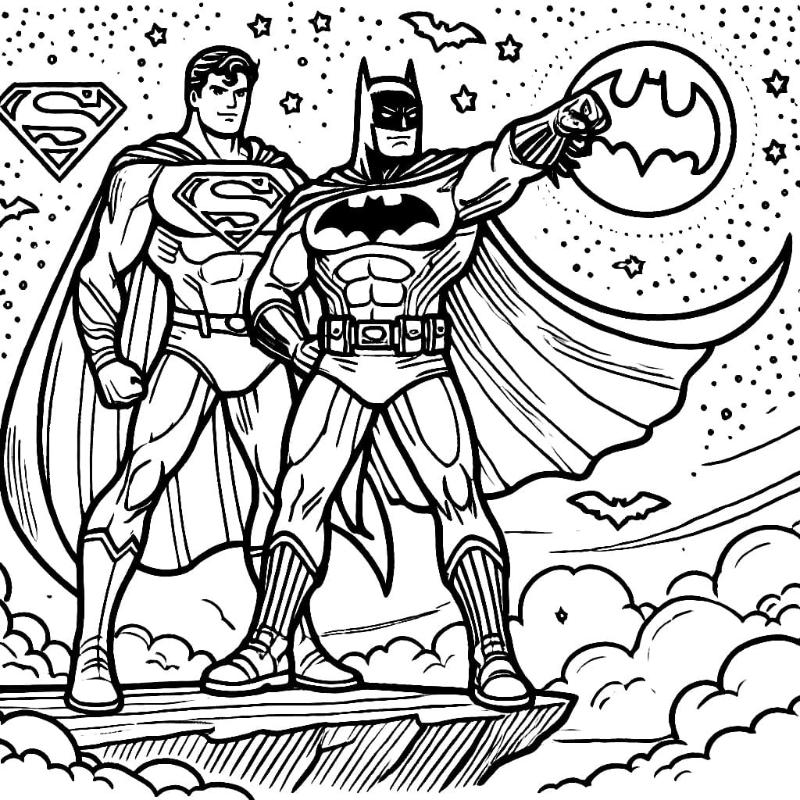 Cặp đôi Người Dơi và Siêu Nhân trong bối cảnh đêm trăng huyền bí, cùng nhau chống lại cái ác.