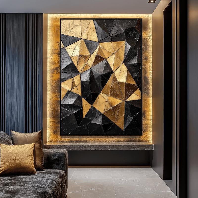 Tranh trừu tượng hình học – Nghệ thuật hiện đại, tinh tế 10 Sự kết hợp của vàng kim và cấu trúc hình khối mạnh mẽ tạo vẻ quyền lực, phù hợp với không gian cao cấp.