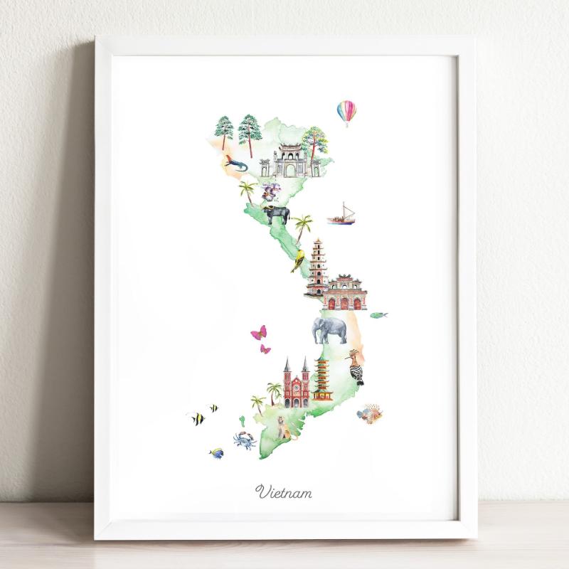 Tranh bản đồ Việt Nam - Biểu tượng nghệ thuật và tự hào dân tộc 5 Tranh bản đồ Việt Nam màu nước với phong cách tinh tế, sử dụng các gam màu chuyển sắc nhẹ nhàng, hiện đại.