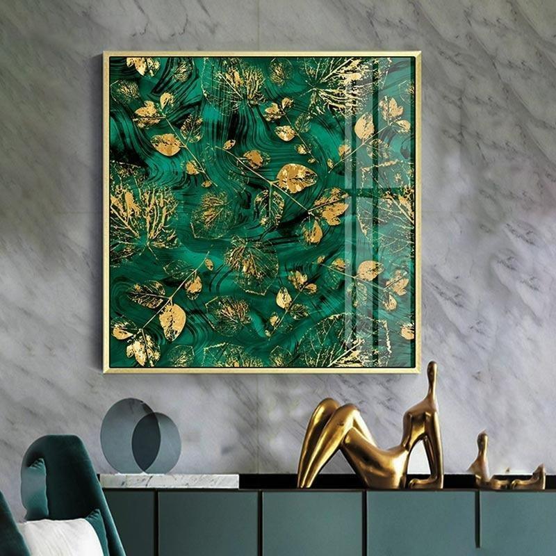 Tranh scandinavian hiện đại với họa tiết lá vàng trên nền xanh đậm tạo điểm nhấn sang trọng và đẳng cấp cho không gian