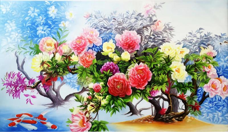 tranh 3D hoa mẫu đơn tùng hạc, mang ý nghĩa phú quý trường thọ