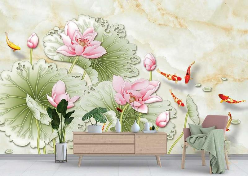 tranh 3D hoa sen cá chép khổ lớn treo phòng khách phong thủy tài lộc