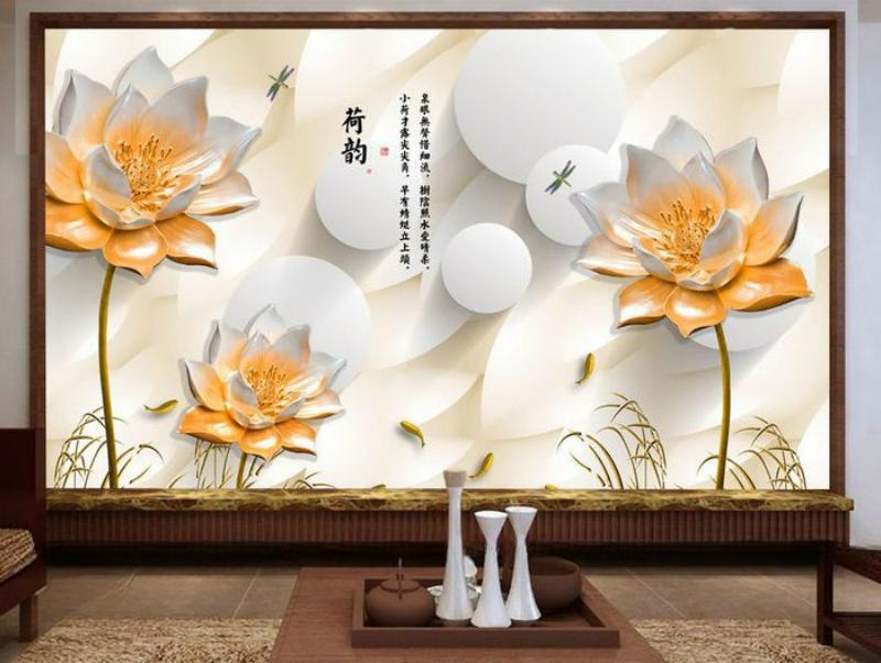 tranh 3D hoa sen trắng vàng tạo chiều sâu, không gian tường phòng khách